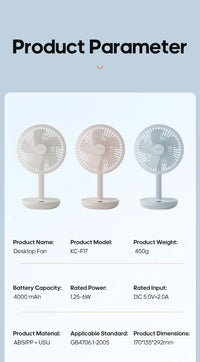 New Portable Smart Oscillating Desk Fan 4000mAh 5 Gear Speed Silent Desktop Rechargeable Fan Angle Adjustable for Home Office