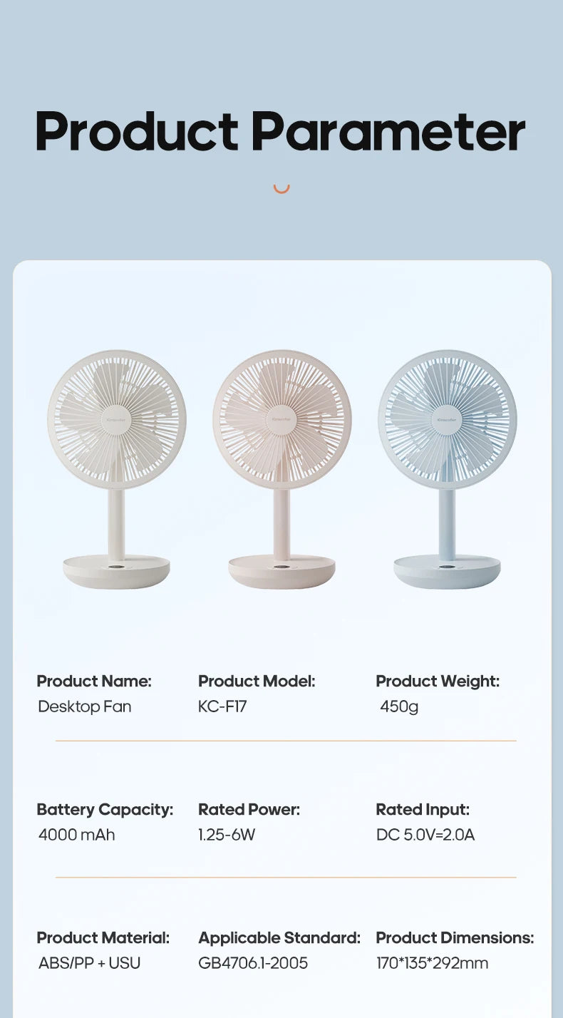 New Portable Smart Oscillating Desk Fan 4000mAh 5 Gear Speed Silent Desktop Rechargeable Fan Angle Adjustable for Home Office