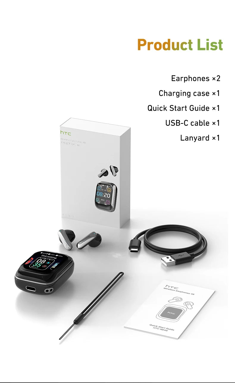 HTC NE48 TWS Wireless Earbuds AI Translation 2K HD Touchscreen Bluetooth 6.0 IPX5 ENC Noise Cancelling Sports Headphone