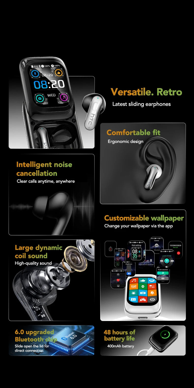 HTC NE48 TWS Wireless Earbuds AI Translation 2K HD Touchscreen Bluetooth 6.0 IPX5 ENC Noise Cancelling Sports Headphone