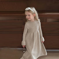 Girls Knitted Dress 2024 Autumn Winter New Children Gown Princess Solid Color Vestidos Kids Fashion Sweater Dresses Baby Clothes