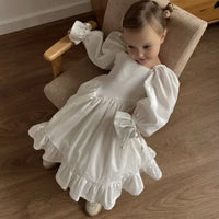 Kids Puff Sleeve White Dress Girls Cotton Linen Lolita Princess Dresses for Birthday Evening Party Clothes 2 4 6 8 Years Old