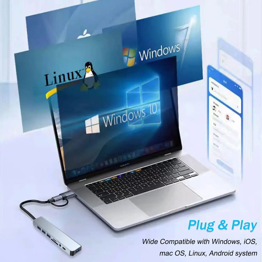 USB HUB 8 in 1 with SD/TF Card Reader 3.5mm Aux Ports for MacBook Pro Air PC Laptop Tablet