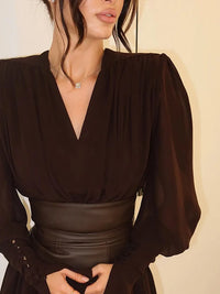 Elegant Retro Solid Color Women's Dresses Fashion V Neck Split Long Dresses Autumn New Women's Party Long Sleeved A-line Dress