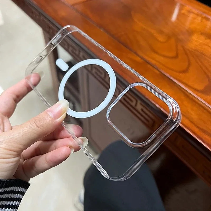 Fashion Anti-Yellow Crystal Clear Phone Case For iPhone 16 15 14 13 12 Pro Max Case for Magsafe Wireless Charging Acrylic Cover