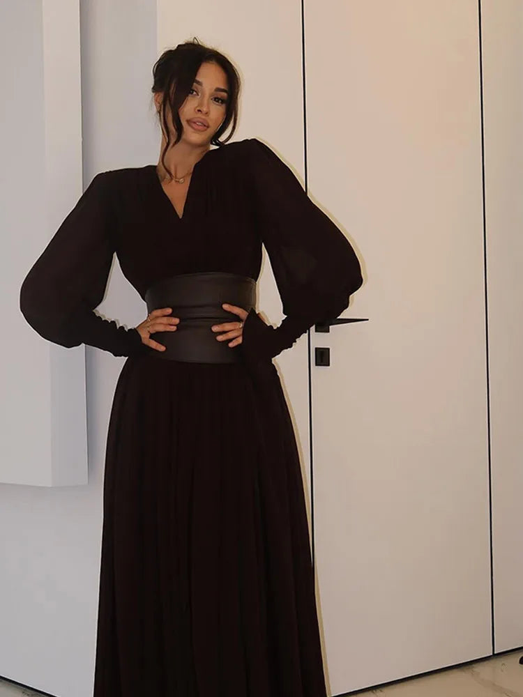 Elegant Retro Solid Color Women's Dresses Fashion V Neck Split Long Dresses Autumn New Women's Party Long Sleeved A-line Dress