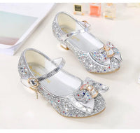 Princess Kids Leather Shoes for Girls Flower Casual Glitter Children High Heel Girls Shoes Butterfly Knot Blue Pink Silver