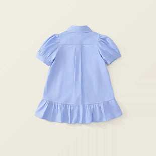 Girls' Dress Summer New Style Children's Dress Blue Sweet Shirt Dress for Little Girls Short-Sleeved Rabbit Cartoon Cute Dress