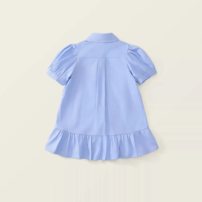 Girls' Dress Summer New Style Children's Dress Blue Sweet Shirt Dress for Little Girls Short-Sleeved Rabbit Cartoon Cute Dress