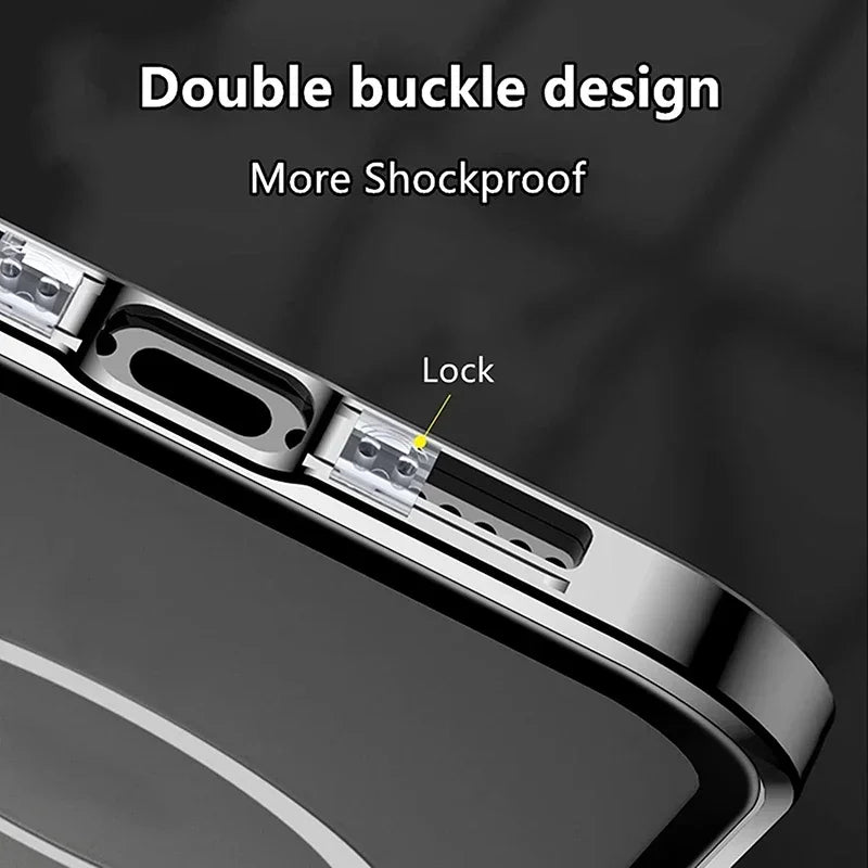 360 ° Full Protection Metal Magnetic Double-Sided Glass Snap Lock Privacy Case For iPhone 17 16 15 14 Plus 13 12 11 Pro Max 16E