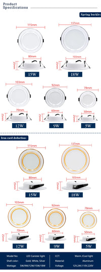 LED Downlight 12V 24V 110V 220V Spot Three Colors 5W 9W 12W 15W 18W Recessed in Led Ceiling Downlight Light Cold Warm White Lamp