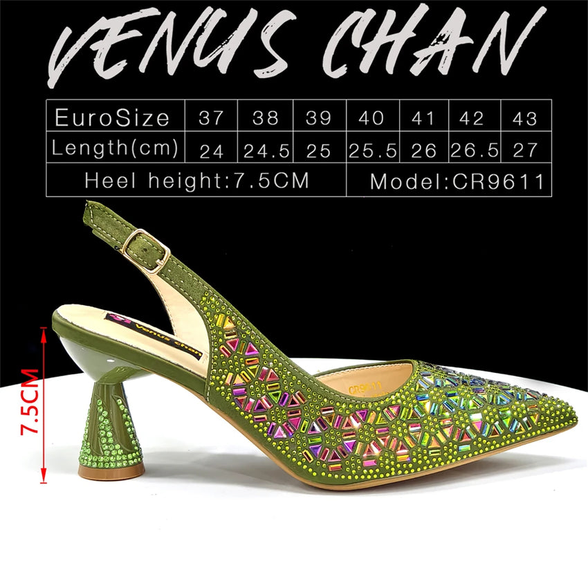 2026 New Elegant Green Pointed-Toe High Heels & Matching Bag Set with Diamond Design for Women's Party Wear - Italian Trend