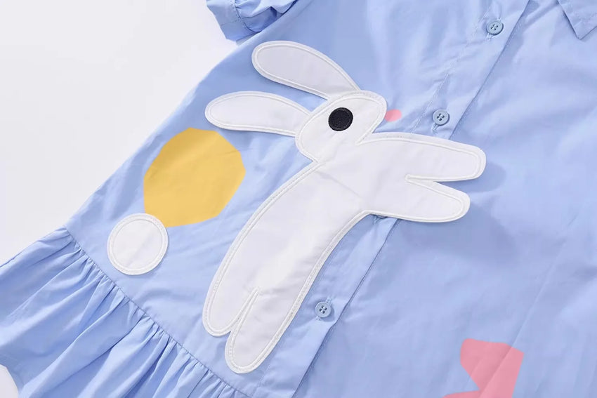 Girls' Dress Summer New Style Children's Dress Blue Sweet Shirt Dress for Little Girls Short-Sleeved Rabbit Cartoon Cute Dress