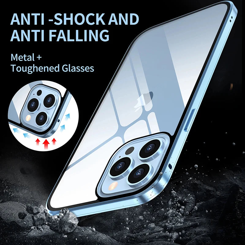 360°Full Protection Metal Magnetic Double-Sided Glass Snap Lock Anti Peeping Phone Case For iPhone 15 14 13 12 16 Pro Max Cover