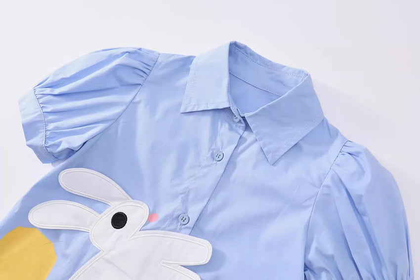Girls' Dress Summer New Style Children's Dress Blue Sweet Shirt Dress for Little Girls Short-Sleeved Rabbit Cartoon Cute Dress