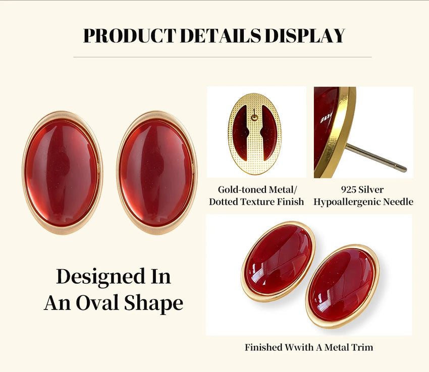 Vintage Red Resin Women's Earrings Stud Earrings Luxury large Geometric Oval earrings Party Wedding Ear Jewelry Wholesale
