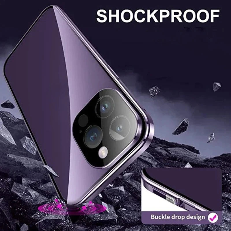 360 ° Full Protection Metal Magnetic Double-Sided Glass Snap Lock Privacy Case For iPhone 17 16 15 14 Plus 13 12 11 Pro Max 16E