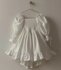 Kids Puff Sleeve White Dress Girls Cotton Linen Lolita Princess Dresses for Birthday Evening Party Clothes 2 4 6 8 Years Old