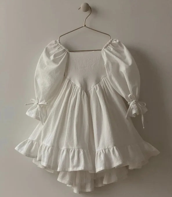 Kids Puff Sleeve White Dress Girls Cotton Linen Lolita Princess Dresses for Birthday Evening Party Clothes 2 4 6 8 Years Old