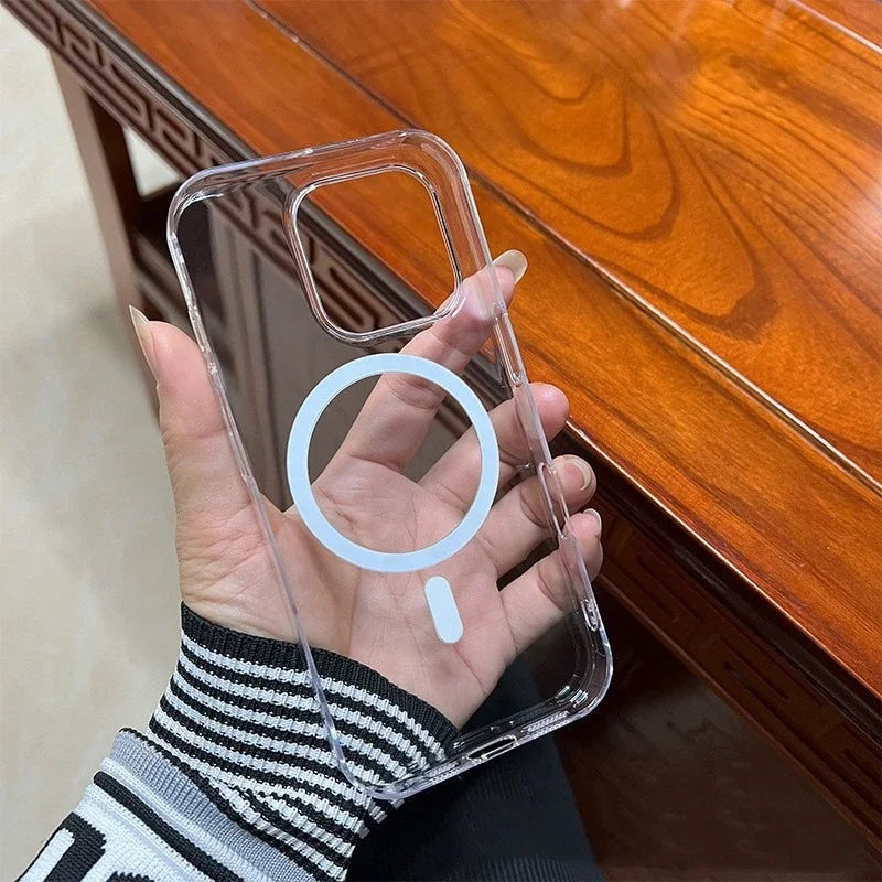Fashion Anti-Yellow Crystal Clear Phone Case For iPhone 16 15 14 13 12 Pro Max Case for Magsafe Wireless Charging Acrylic Cover