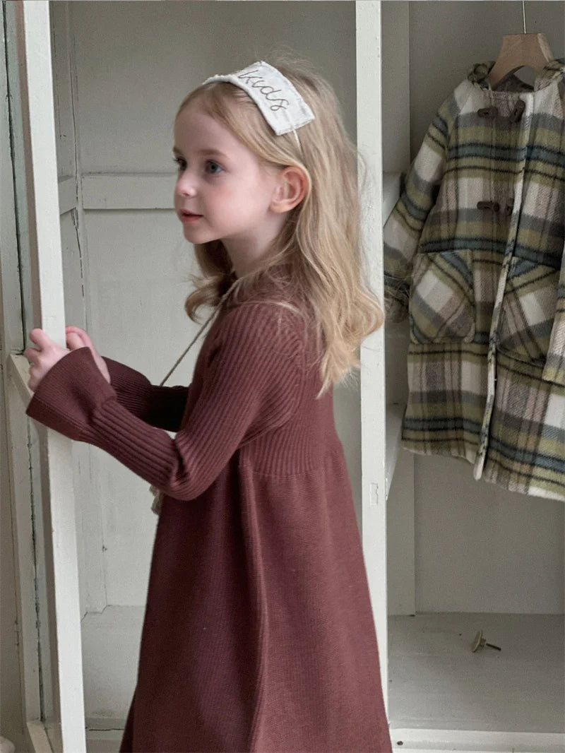 Girls Knitted Dress 2024 Autumn Winter New Children Gown Princess Solid Color Vestidos Kids Fashion Sweater Dresses Baby Clothes