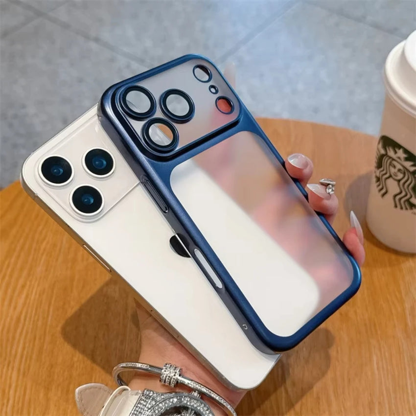Luxury Transparent Matte Phone Case For iPhone 17Pro Air 17 16 15 14 13 12 11 Pro Max Lens Protection Metallic Color Frame Cover