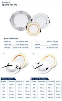 10pcs/lot LED Downlight 12V 24V 110V 220V Spot Light 5W 9W 12W 15W 18W Recessed In Led Ceiling Downlight Cold Warm White Lamp