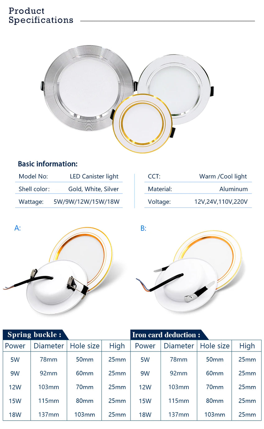 10pcs/lot LED Downlight 12V 24V 110V 220V Spot Light 5W 9W 12W 15W 18W Recessed In Led Ceiling Downlight Cold Warm White Lamp