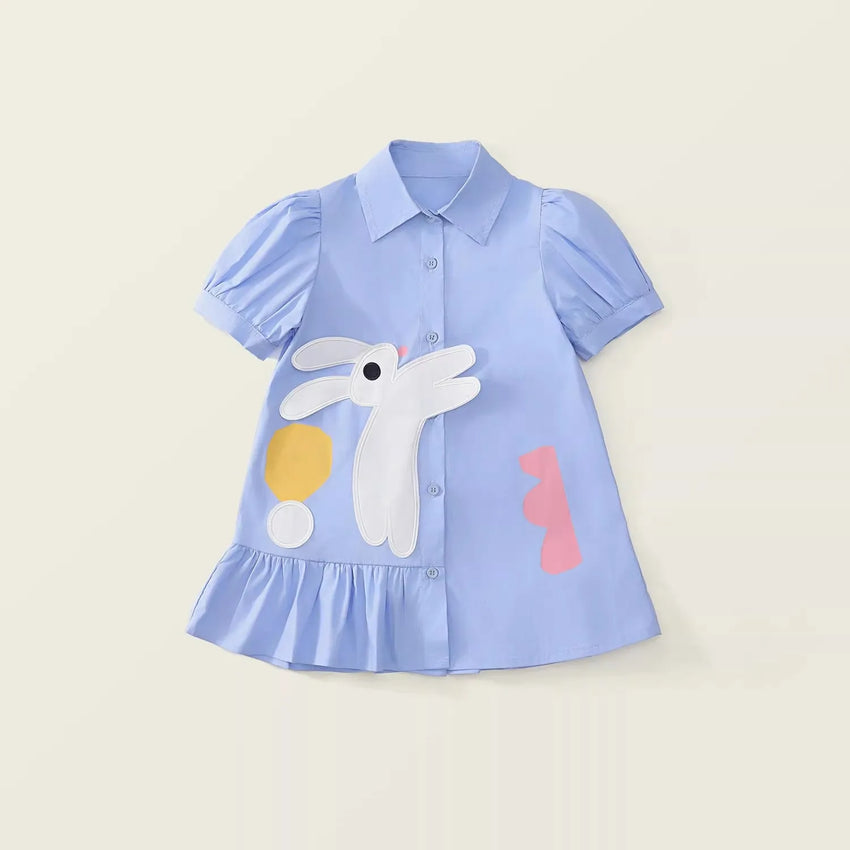 Girls' Dress Summer New Style Children's Dress Blue Sweet Shirt Dress for Little Girls Short-Sleeved Rabbit Cartoon Cute Dress