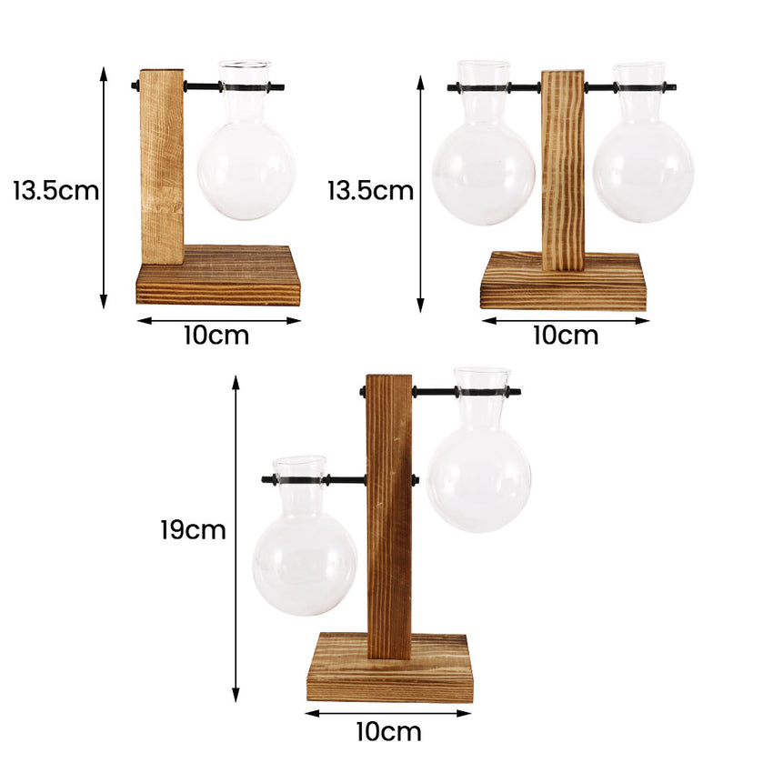 Creative Glass Desktop Planter Bulb Vase Wooden Stand Hydroponic Plant Container Home Tabletop Decor Vases