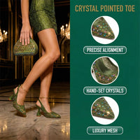 2026 New Elegant Green Pointed-Toe High Heels & Matching Bag Set with Diamond Design for Women's Party Wear - Italian Trend