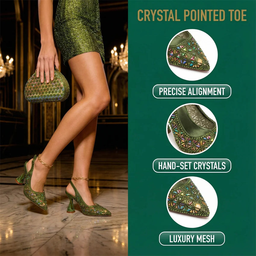 2026 New Elegant Green Pointed-Toe High Heels & Matching Bag Set with Diamond Design for Women's Party Wear - Italian Trend