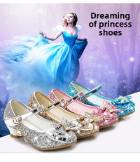 Princess Kids Leather Shoes for Girls Flower Casual Glitter Children High Heel Girls Shoes Butterfly Knot Blue Pink Silver