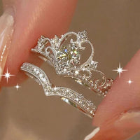 2PCS Fairy Sparkling Crown Rings for Women & Teens, Adjustable Crystal Korean Party Queen Ring Set