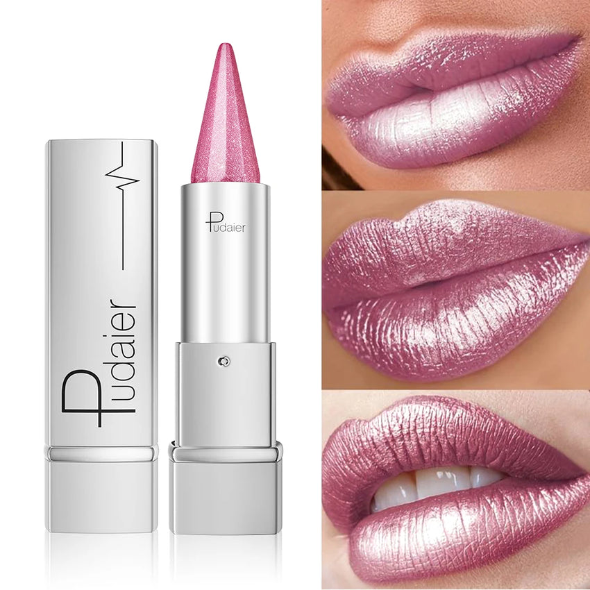 Pearl Shimmer Lipstick for Women, Metallic High Shine Lip Color, Waterproof Smudge Proof, 24 Hours Long Lasting, Lightweight Gla