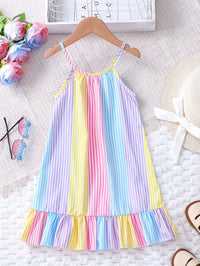 Girls' Summer Colorful Striped Ruffle Hem Dress Children's Summer Vacation Beach Play Suspender Dress