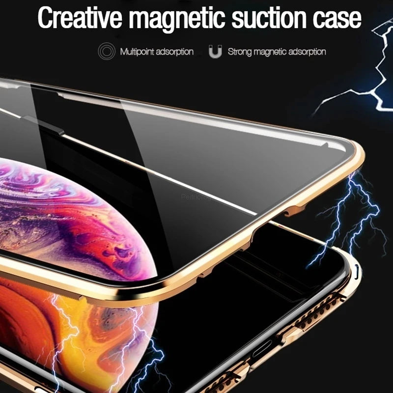 Magnetic Tempered Glass Privacy Metal Case For iphone 17 16 15 14 13 12 XR 11 ProMAX 16 E 360 Magnet Antispy Protective Cover