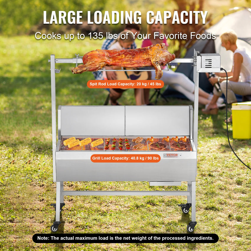 SucceBuy 35inch Rotisserie Grill Electric Motor Charcoal Spit Grill Stainless Steel Roaster w/Lockable Wheels for Camping