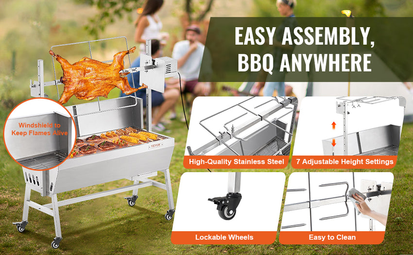 SucceBuy 35inch Rotisserie Grill Electric Motor Charcoal Spit Grill Stainless Steel Roaster w/Lockable Wheels for Camping